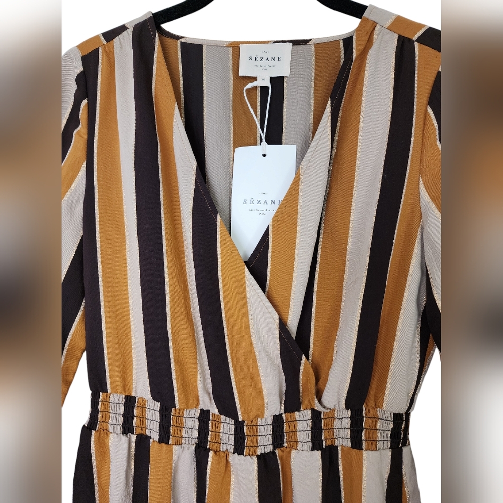 SEZANE Titiane Midi Dress, Hazel Tan & Gold Stripes, FR36/US4 - Picture 4 of 8